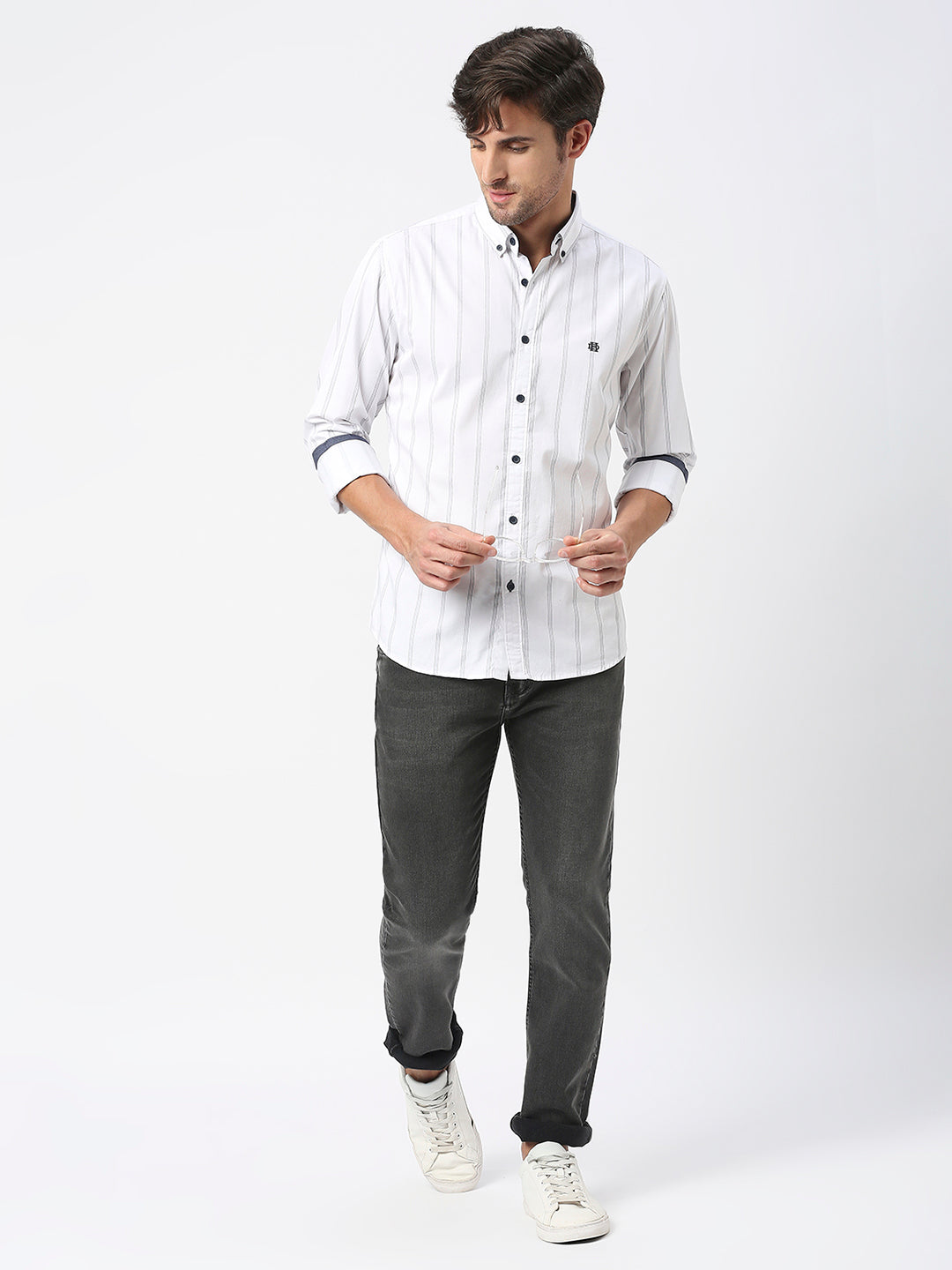 White Twill Striped Shirt With Button Down Collar