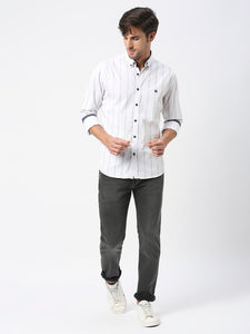 White Twill Striped Shirt With Button Down Collar
