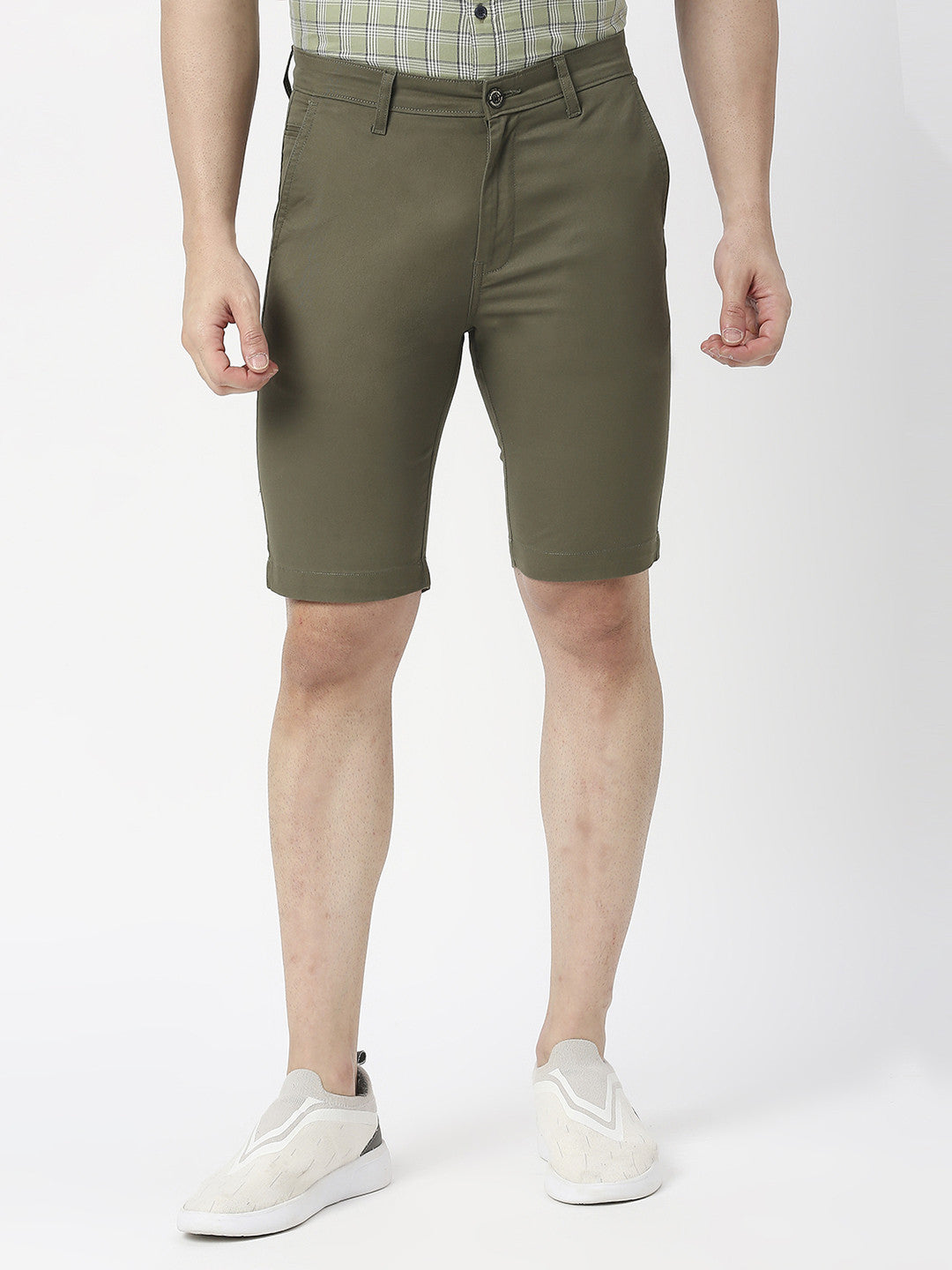 Olive Solid Cotton Shorts