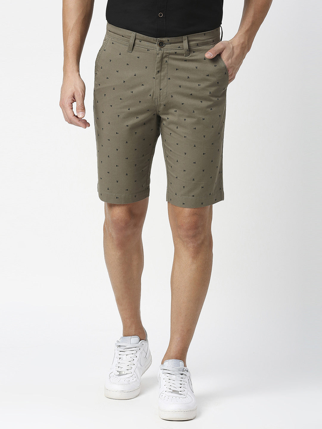 Olive Green Printed Cotton Shorts