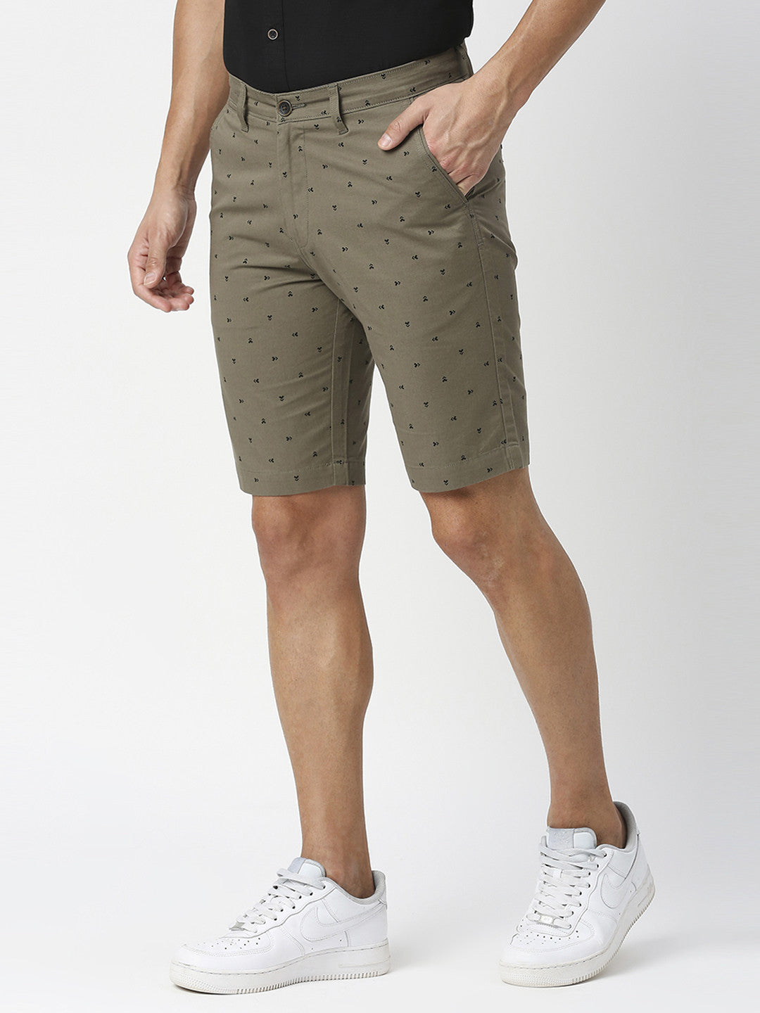 Olive Green Printed Cotton Shorts
