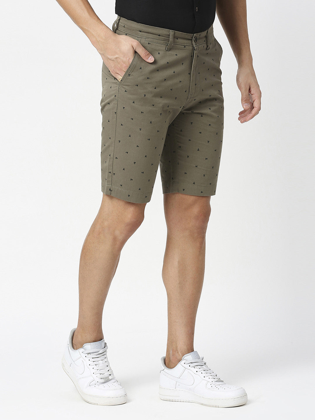 Olive Green Printed Cotton Shorts