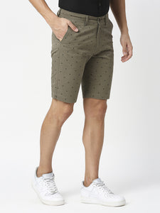 Olive Green Printed Cotton Shorts