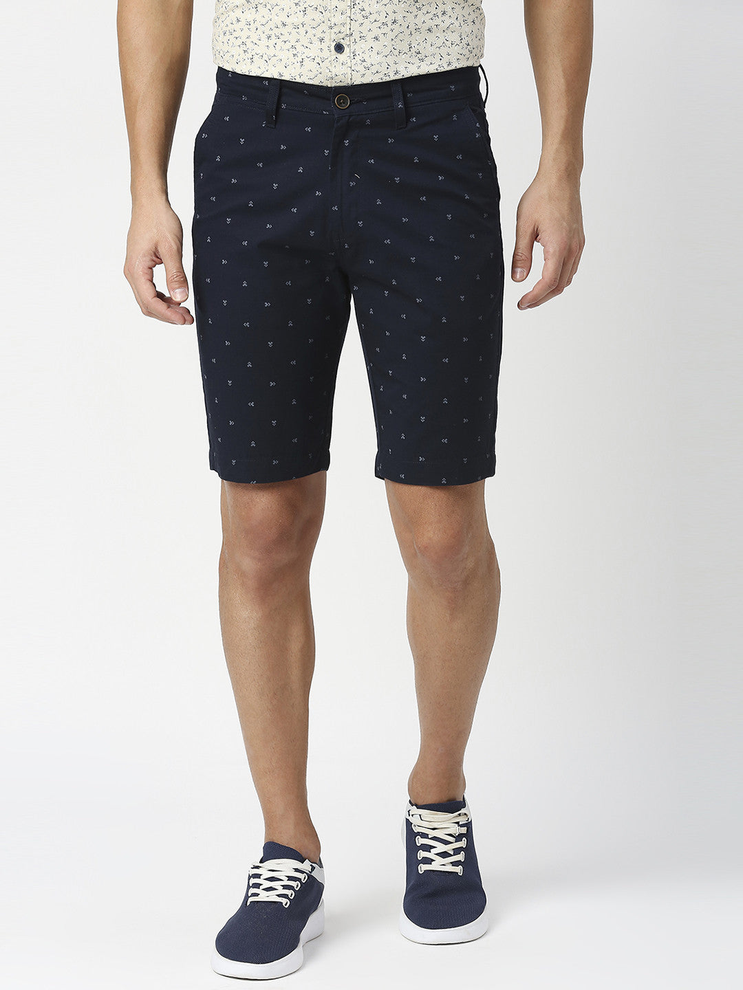 Navy Blue Printed Cotton Shorts