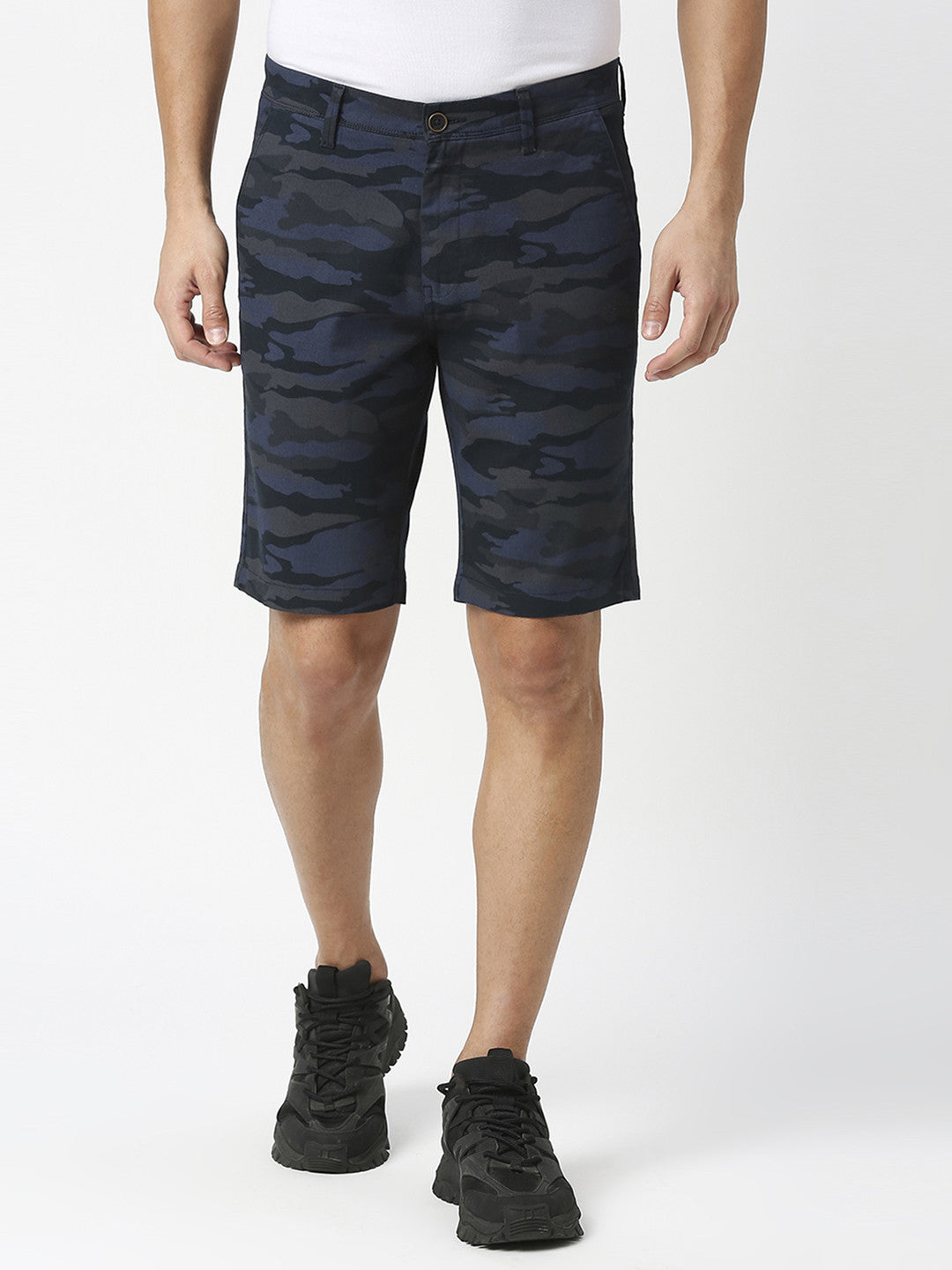 Navy Camouflage Print Cotton Shorts