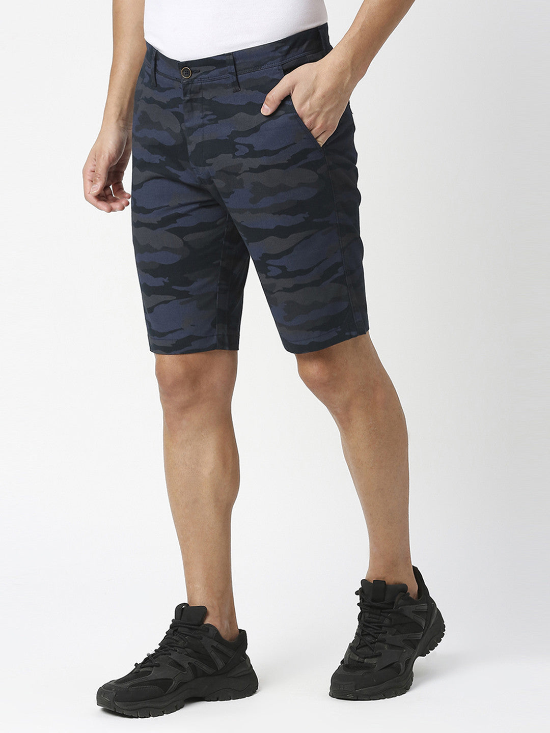 Navy Camouflage Print Cotton Shorts