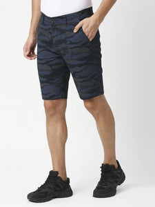 Navy Camouflage Print Cotton Shorts