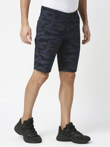 Navy Camouflage Print Cotton Shorts