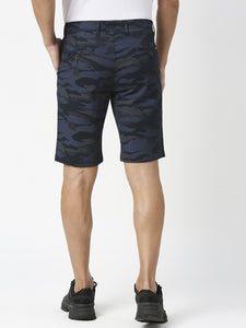 Navy Camouflage Print Cotton Shorts