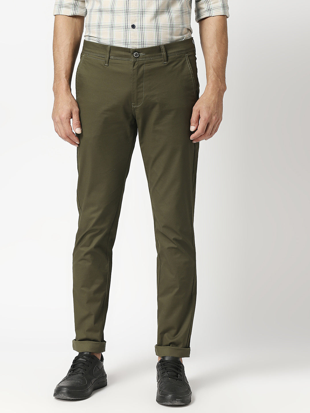 Olive Green Slim Tapered Cotton Dobby Lycra Trousers