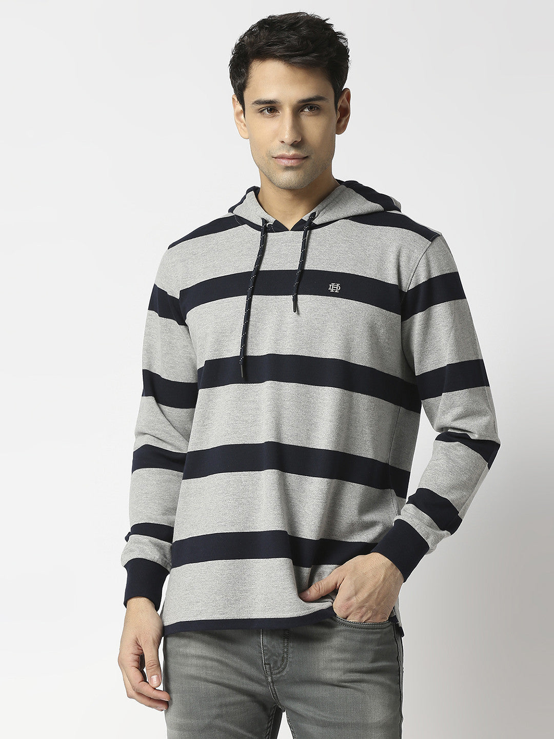 Grey Striped Sweatshirt With Hoodie