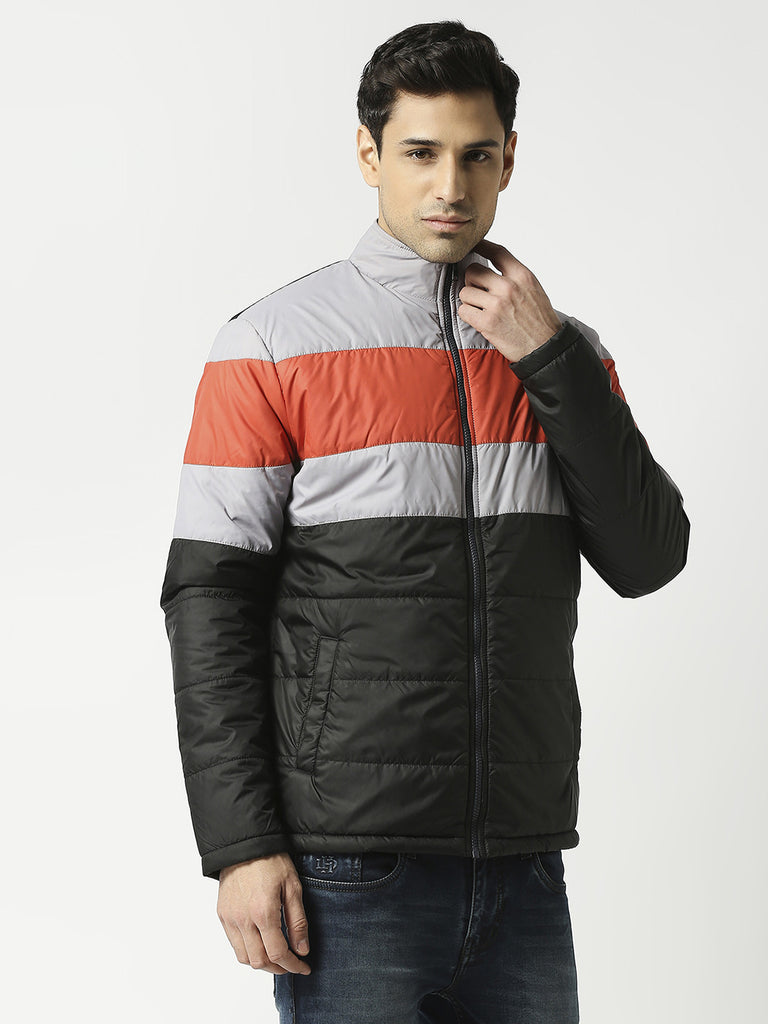 Black Puffer Jacket with Orange & Grey Stripes – Dragon Hill Lifestyle