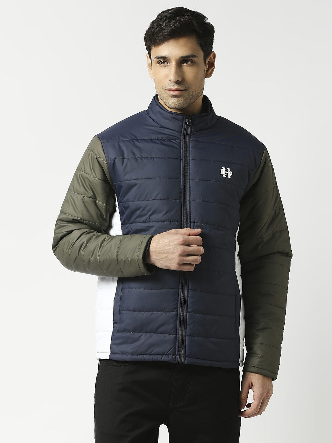 Navy Blue Puffer Jacket With Contrast Sleeves